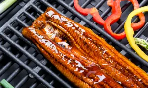 Une anguille au barbecue, laquée et brillante, cuit sur une grille avec des poivrons et des asperges.