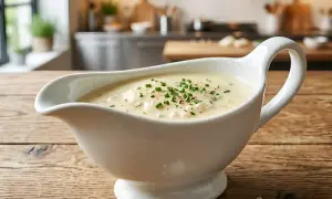 Saucière en porcelaine blanche remplie d'une onctueuse sauce beurre blanc, garnie de ciboulette fraîche et de poivre noir.