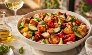 Salade estivale colorée, parfaite pour une recette de panzanella. Tomates, concombres, oignons rouges, olives et croûtons dorés se mêlent à la perfection.