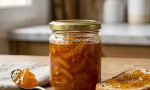 Un pot de confiture d'orange maison, avec une cuillère et une tranche de pain tartinée. Un délice pour le petit-déjeuner.