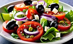 Une délicieuse recette salade grecque avec tomates, olives noires, oignons rouges et feta.