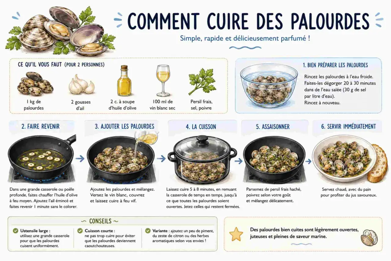 Guide illustré pour la cuisson des palourdes : étapes de préparation, cuisson et assaisonnement. Des palourdes juteuses et savoureuses.