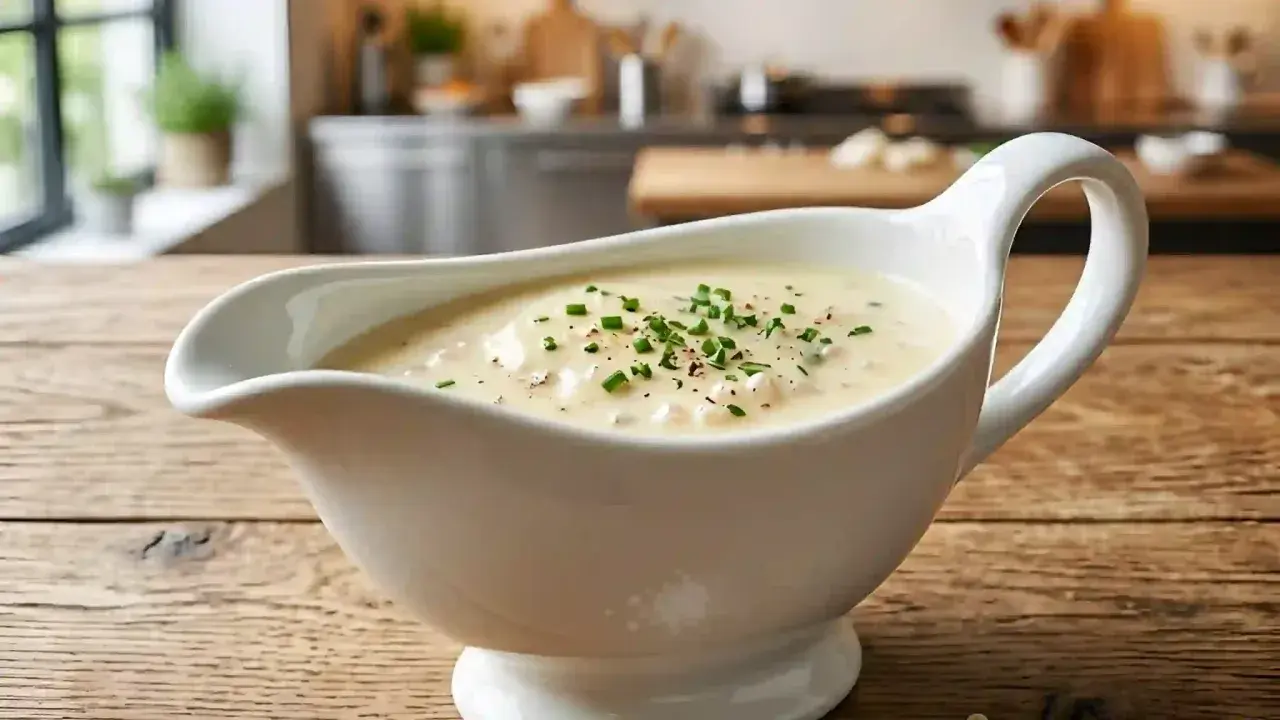 Saucière en porcelaine blanche remplie d'une onctueuse sauce beurre blanc, garnie de ciboulette fraîche et de poivre noir.