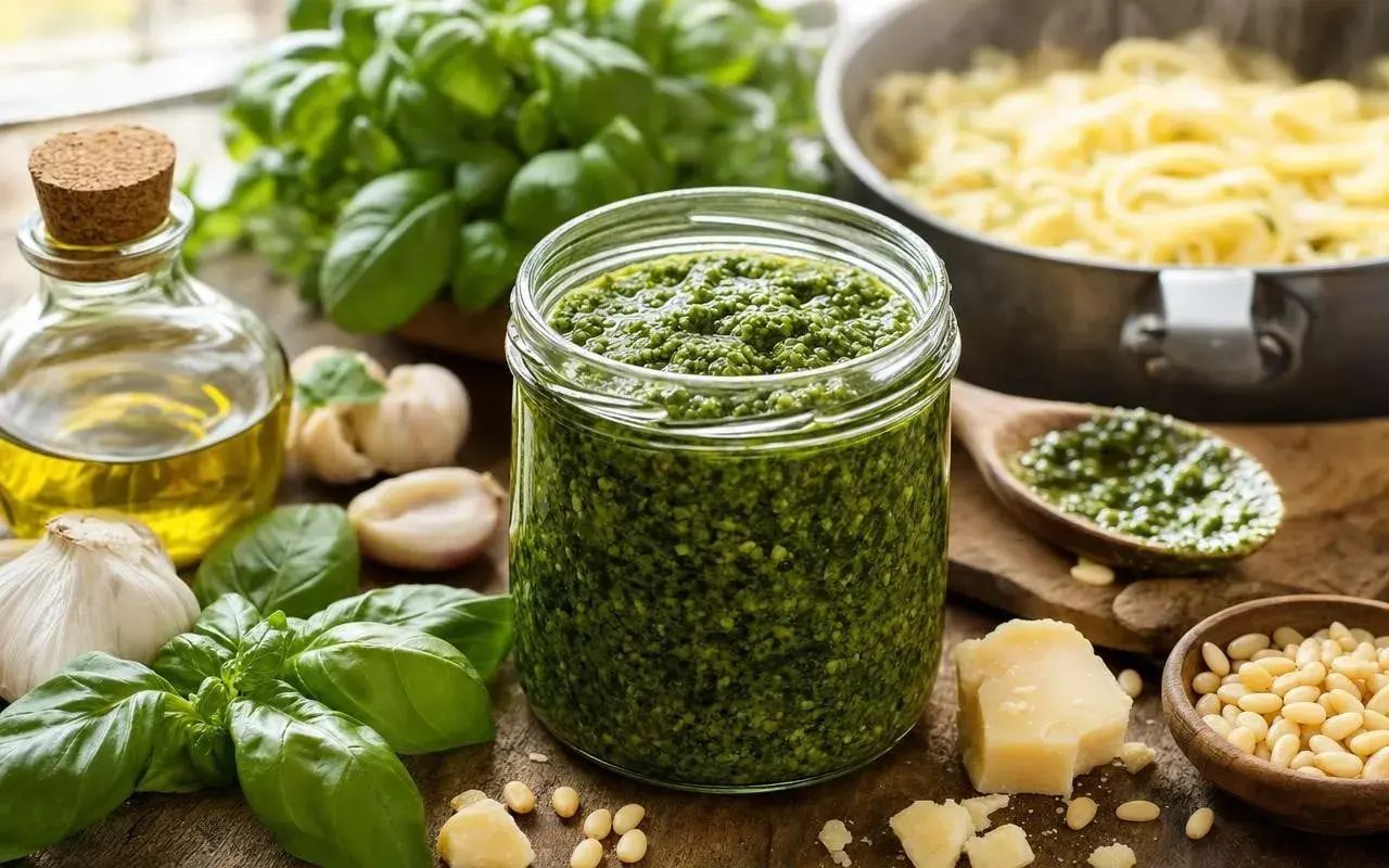 Un pot de pesto maison, des ingrédients frais (basilic, ail, pignons, parmesan, huile d'olive) et des pâtes prêtes à être assaisonnées.