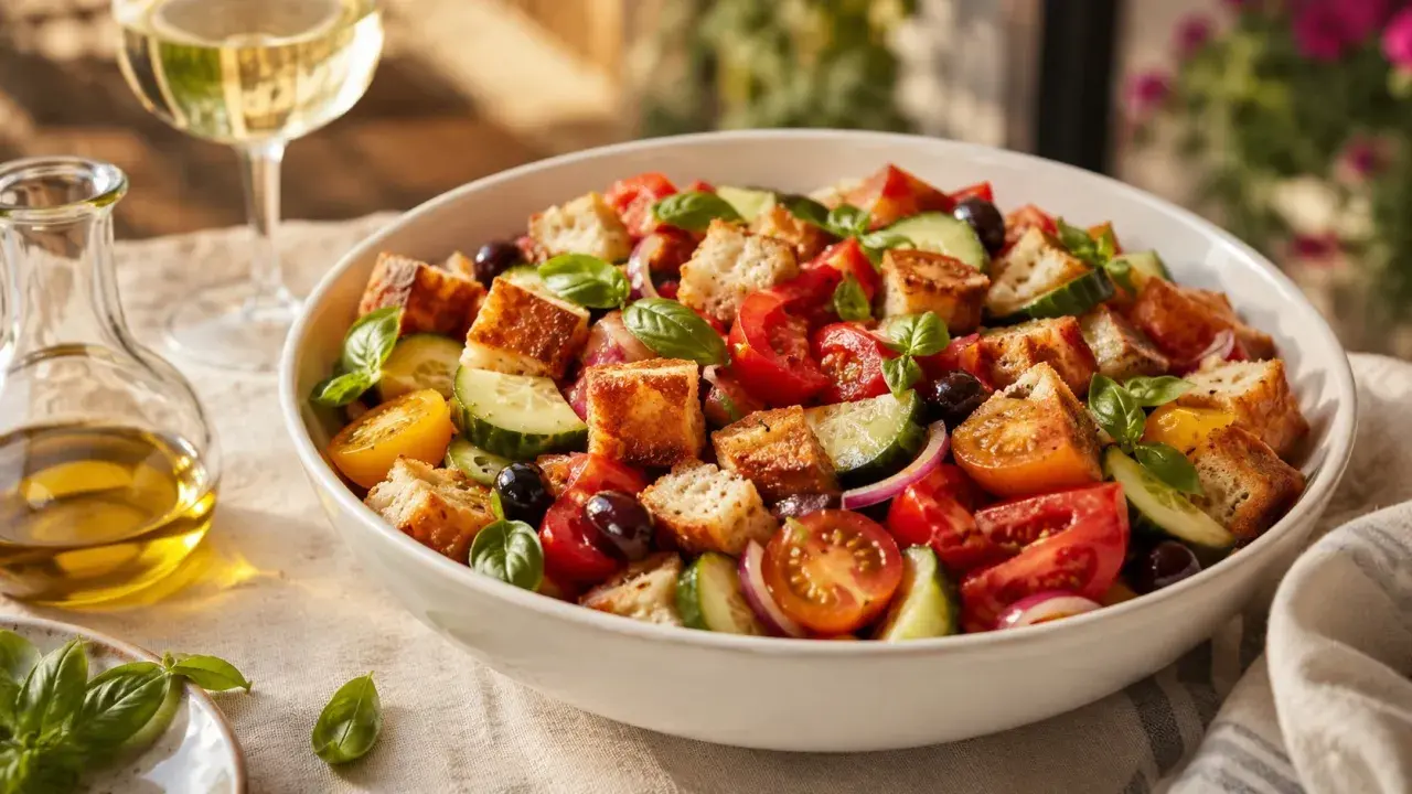 Salade estivale colorée, parfaite pour une recette de panzanella. Tomates, concombres, oignons rouges, olives et croûtons dorés se mêlent à la perfection.
