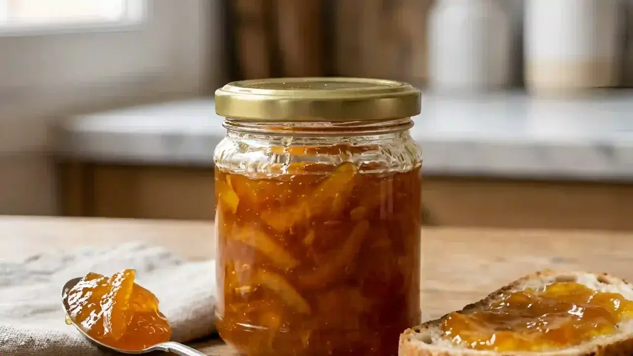 Un pot de confiture d'orange maison, avec une cuillère et une tranche de pain tartinée. Un délice pour le petit-déjeuner.