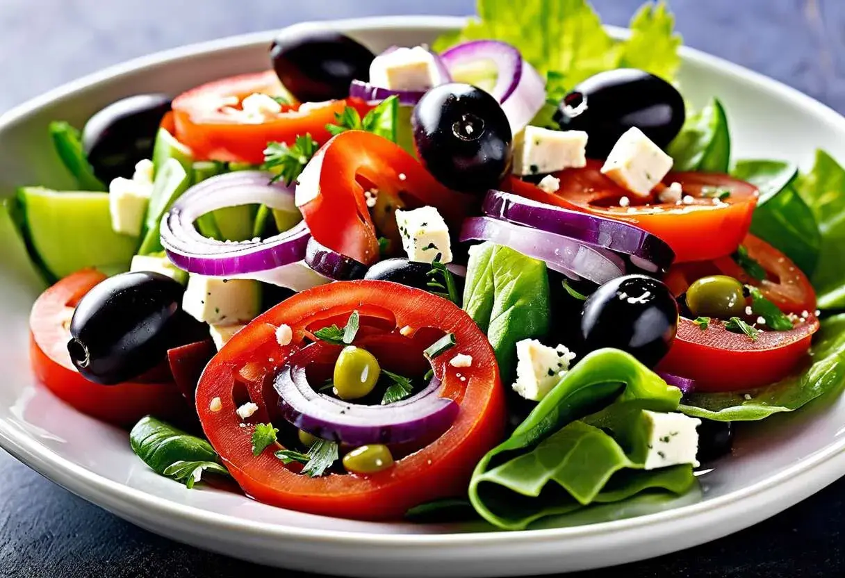 Une délicieuse recette salade grecque avec tomates, olives noires, oignons rouges et feta.