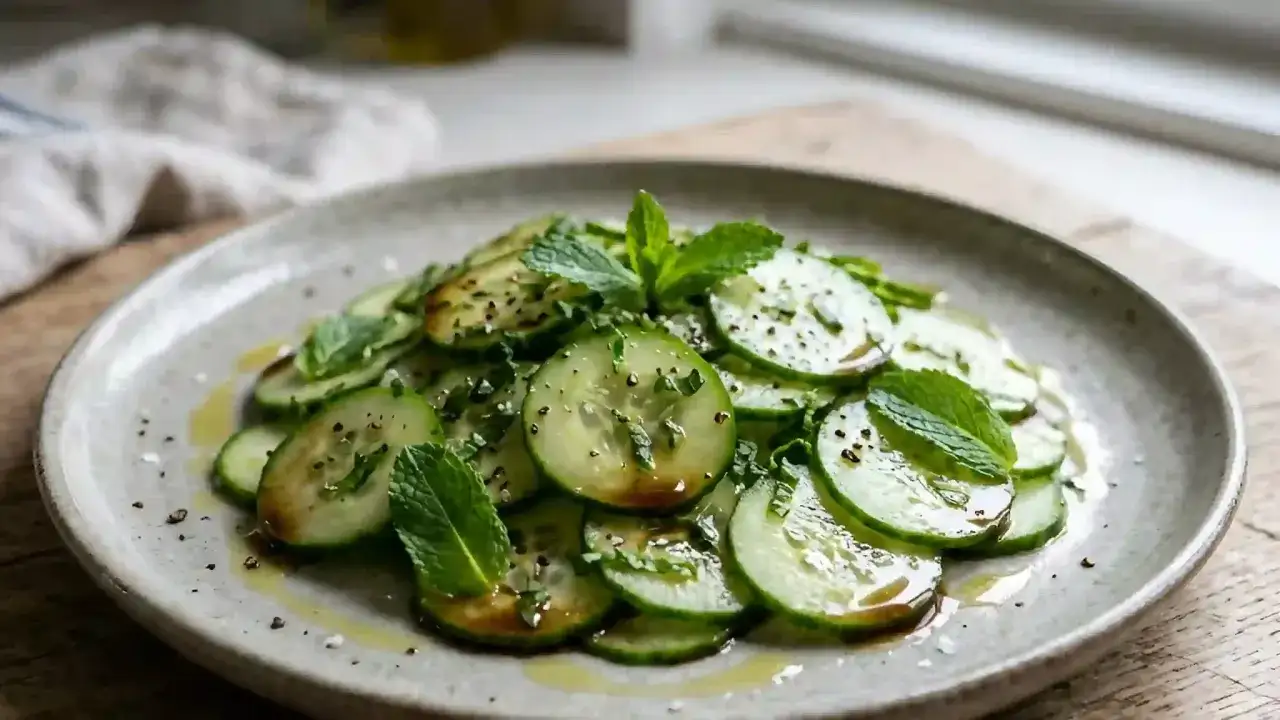 Salade de concombre fraîchement préparée, garnie de menthe et arrosée d'une vinaigrette légère.