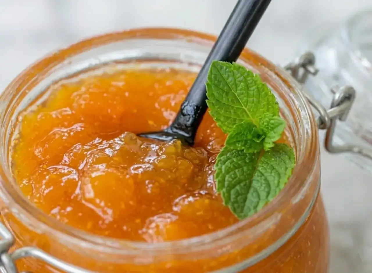 Un pot de confiture abricot maison, garni d'une feuille de menthe fraîche, prêt à être dégusté.