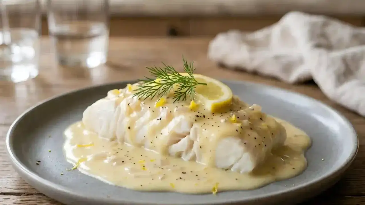 Filet de poisson blanc nappé d'une sauce onctueuse au beurre blanc, garni d'une tranche de citron et d'aneth.