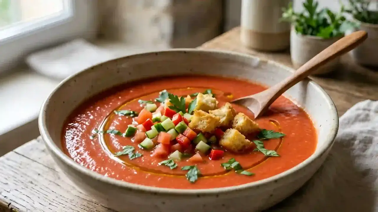 Un bol de gaspacho frais, garni de dés de légumes, croûtons et persil. Une recette parfaite pour l'été.