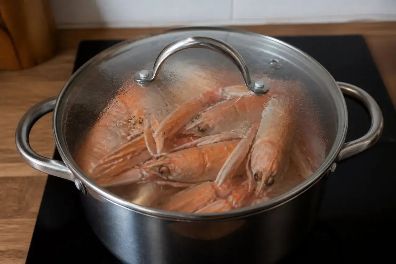 Cuisson langoustine dans une casserole d'eau bouillante, la vapeur s'échappe du couvercle.