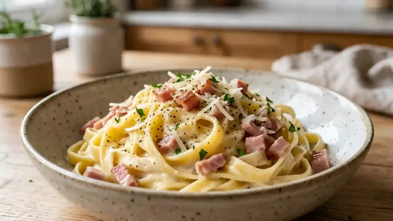Délicieuses pâtes fettuccine avec une sauce crémeuse, des dés de jambon et du parmesan râpé. Une recette de crème de parmesan facile et rapide.