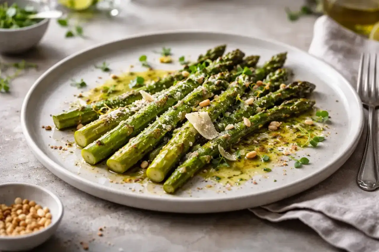 Asperges vertes parfaitement préparées, nappées d'une sauce savoureuse, garnies de copeaux de parmesan et de pignons. La cuisson des asperges vertes révèle leur fraîcheur.
