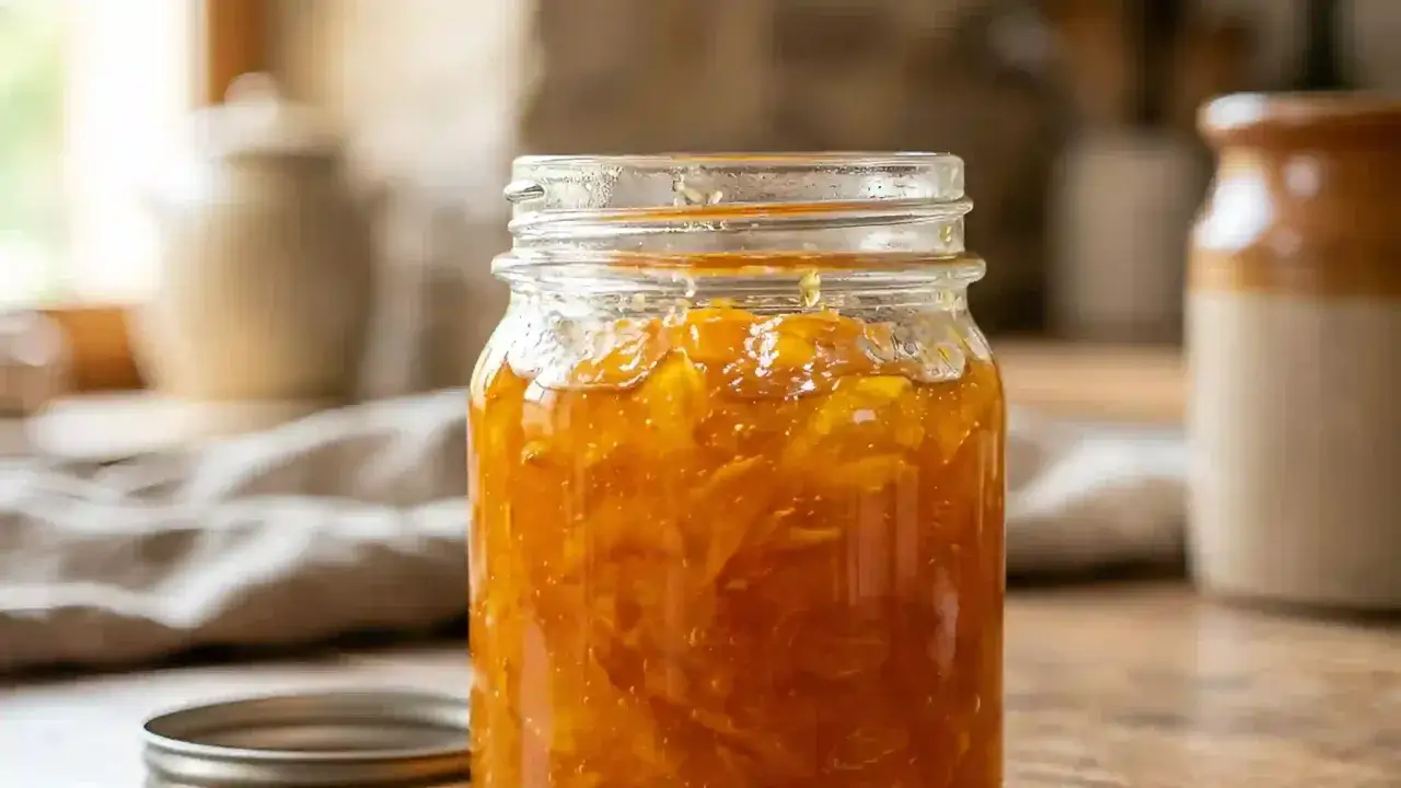 Un bocal de confiture d'orange maison, débordant de morceaux d'agrumes brillants, prêt à être dégusté sur une tartine.