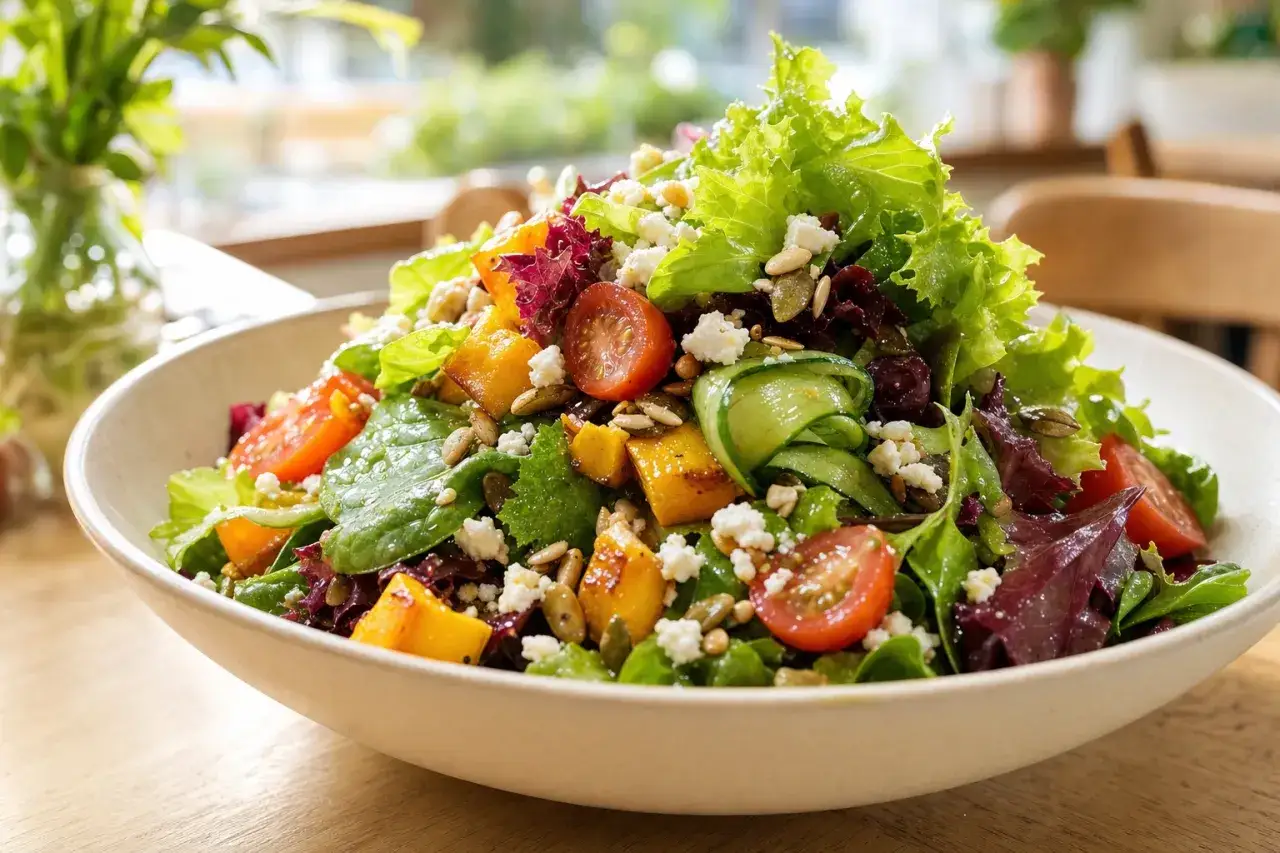 Salade crétoise colorée avec des tomates cerises, du concombre, des cubes de courge rôtie, de la feta émiettée et des graines.