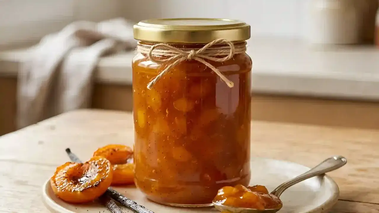 Un pot de confiture abricot maison, décoré d'une ficelle, avec des abricots rôtis et des gousses de vanille.