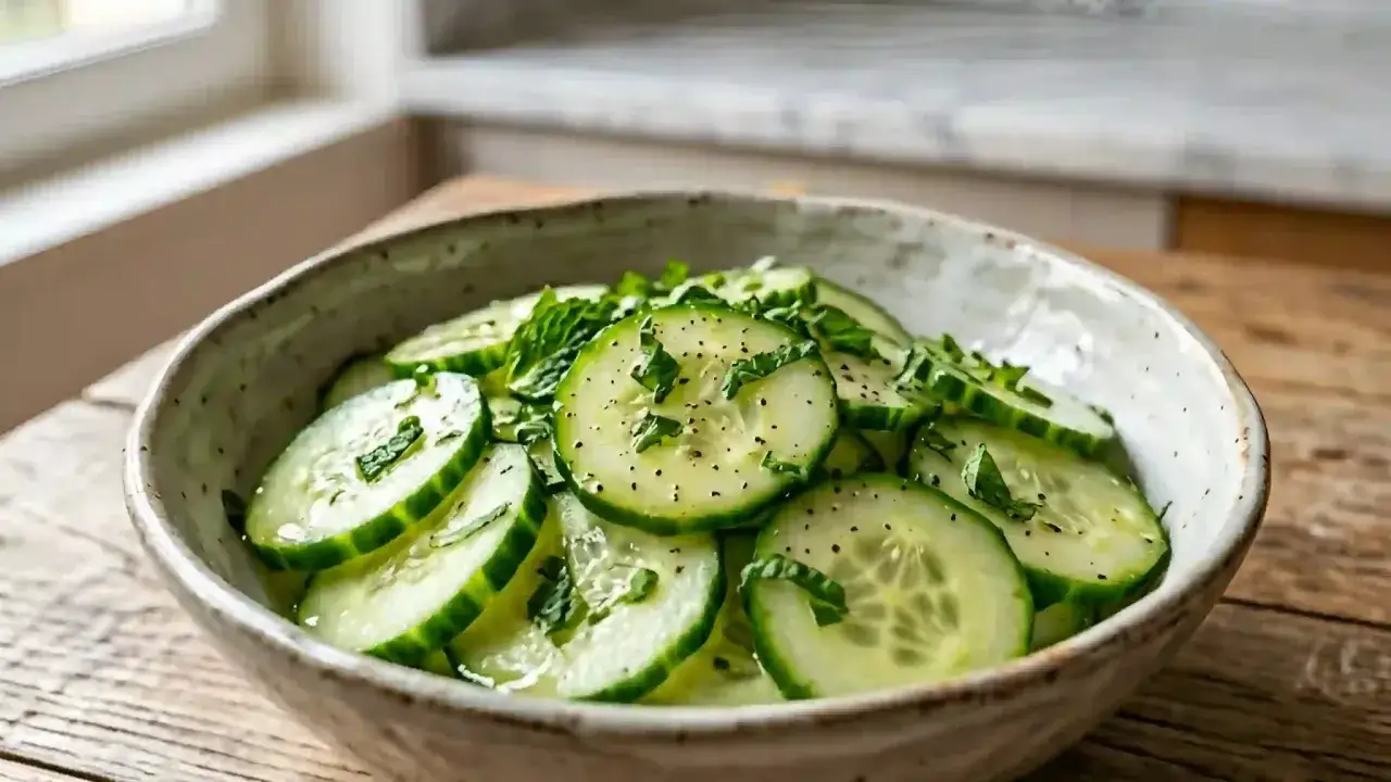Salade de concombre fraîchement préparée, garnie de menthe et de poivre noir, dans un bol en céramique rustique.